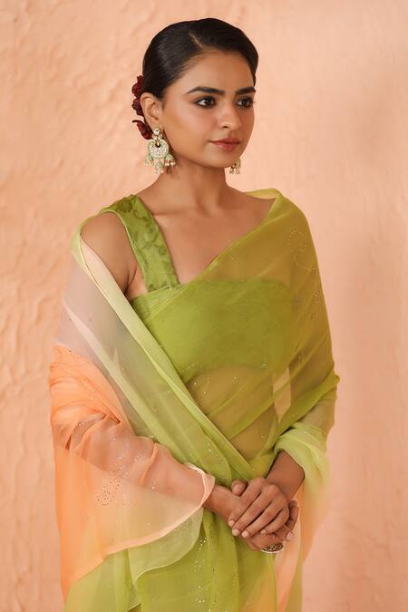 Buy Geroo Jaipur Orange Chiffon Embroidery Two Tone Ombre Saree With Unstitched Blouse Piece Buy_Geroo Jaipur_Orange Chiffon Embroidery Two Tone Ombre Saree With Unstitched Blouse Piece