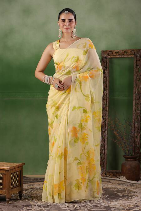Buy Geroo Jaipur Yellow Chiffon Mirrors Floral Hand Painted Saree With Unstitched Blouse Piece Online at Aza Fashions Buy_Geroo Jaipur_Yellow Chiffon Mirrors Floral Hand Painted Saree With Unstitched Blouse Piece _Online_at_Aza_Fashions