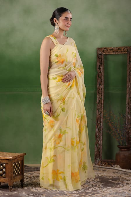 Shop Geroo Jaipur Yellow Chiffon Mirrors Floral Hand Painted Saree With Unstitched Blouse Piece Online at Aza Fashions Shop_Geroo Jaipur_Yellow Chiffon Mirrors Floral Hand Painted Saree With Unstitched Blouse Piece _Online_at_Aza_Fashions