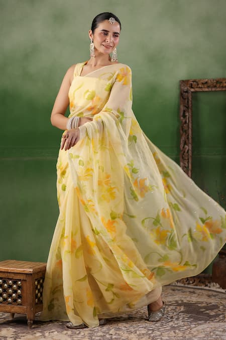 Geroo Jaipur Yellow Chiffon Mirrors Floral Hand Painted Saree With Unstitched Blouse Piece at Aza Fashions Geroo Jaipur_Yellow Chiffon Mirrors Floral Hand Painted Saree With Unstitched Blouse Piece _at_Aza_Fashions