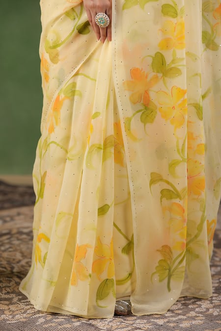 Shop Geroo Jaipur Yellow Chiffon Mirrors Floral Hand Painted Saree With Unstitched Blouse Piece Shop_Geroo Jaipur_Yellow Chiffon Mirrors Floral Hand Painted Saree With Unstitched Blouse Piece