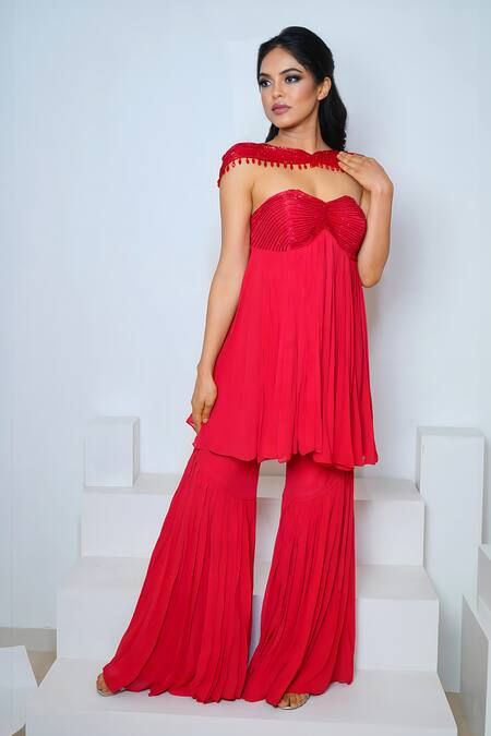 Buy Vedika Soni Red Crepe, Georgette Cut Work, Hand Embroidered Peplum Kurta Set With Cape Online at Aza Fashions Buy_Vedika Soni_Red Crepe, Georgette Cut Work, Hand Embroidered Peplum Kurta Set With Cape _Online_at_Aza_Fashions