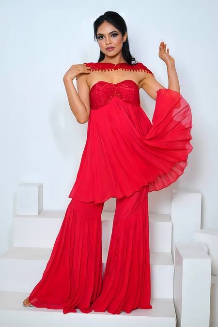 Shop Vedika Soni Red Crepe, Georgette Cut Work, Hand Embroidered Peplum Kurta Set With Cape Online at Aza Fashions Shop_Vedika Soni_Red Crepe, Georgette Cut Work, Hand Embroidered Peplum Kurta Set With Cape _Online_at_Aza_Fashions