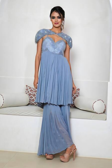 Vedika Soni Grey Crepe, Georgette Cut Work, Hand Embroidered Peplum Kurta Sharara Set Online at Aza Fashions Vedika Soni_Grey Crepe, Georgette Cut Work, Hand Embroidered Peplum Kurta Sharara Set _Online_at_Aza_Fashions