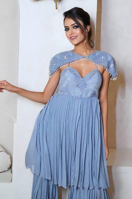 Buy Vedika Soni Grey Crepe, Georgette Cut Work, Hand Embroidered Peplum Kurta Sharara Set Online at Aza Fashions Buy_Vedika Soni_Grey Crepe, Georgette Cut Work, Hand Embroidered Peplum Kurta Sharara Set _Online_at_Aza_Fashions