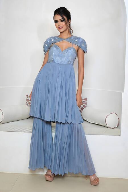 Shop Vedika Soni Grey Crepe, Georgette Cut Work, Hand Embroidered Peplum Kurta Sharara Set Online at Aza Fashions Shop_Vedika Soni_Grey Crepe, Georgette Cut Work, Hand Embroidered Peplum Kurta Sharara Set _Online_at_Aza_Fashions