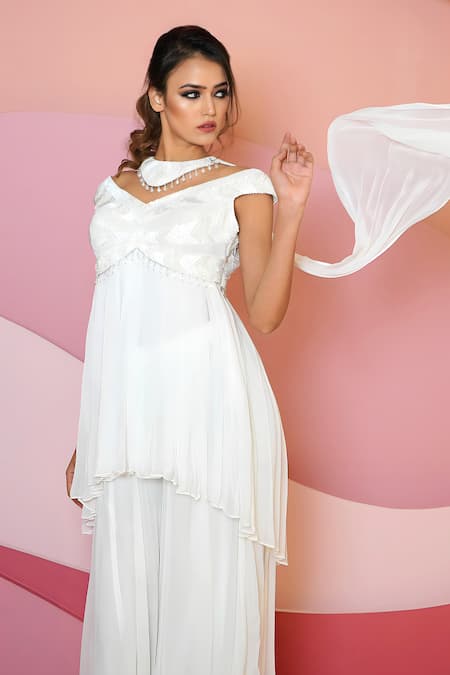 Buy Vedika Soni Ivory Crepe, Georgette Cut Work, Cutdana Crystals Hand Peplum Kurta Sharara Set Online at Aza Fashions Buy_Vedika Soni_Ivory Crepe, Georgette Cut Work, Cutdana Crystals Hand Peplum Kurta Sharara Set _Online_at_Aza_Fashions