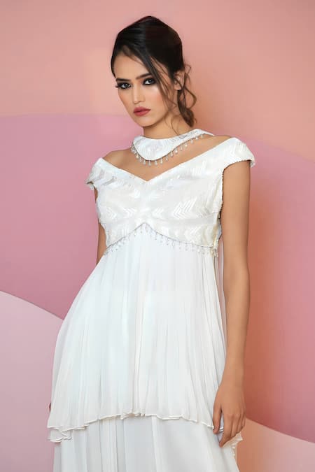 Shop Vedika Soni Ivory Crepe, Georgette Cut Work, Cutdana Crystals Hand Peplum Kurta Sharara Set Online at Aza Fashions Shop_Vedika Soni_Ivory Crepe, Georgette Cut Work, Cutdana Crystals Hand Peplum Kurta Sharara Set _Online_at_Aza_Fashions
