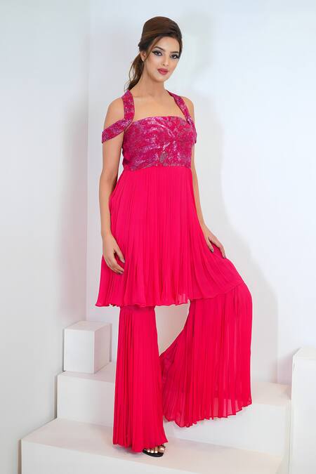 Buy Vedika Soni Pink Crepe, Georgette Cut Work Square Hand Embroidered Peplum Kurta With Sharara Online at Aza Fashions Buy_Vedika Soni_Pink Crepe, Georgette Cut Work Square Hand Embroidered Peplum Kurta With Sharara _Online_at_Aza_Fashions