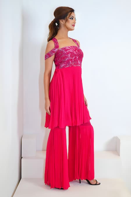 Shop Vedika Soni Pink Crepe, Georgette Cut Work Square Hand Embroidered Peplum Kurta With Sharara Online at Aza Fashions Shop_Vedika Soni_Pink Crepe, Georgette Cut Work Square Hand Embroidered Peplum Kurta With Sharara _Online_at_Aza_Fashions