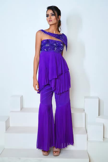 Shop_Vedika Soni_Blue Crepe, Georgette Cut Work, Asymmetric Tiered Peplum Kurta Sharara Set _Online_at_Aza_Fashions