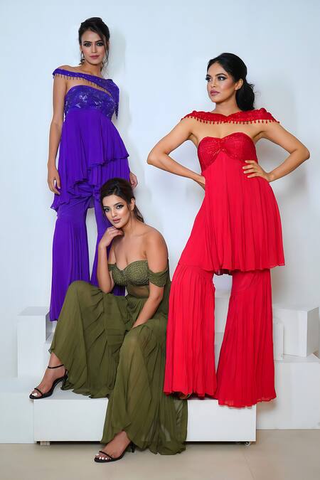 Vedika Soni_Green Net, Crepe, Georgette, Hand Embroidered Corset Peplum Kurta With Sharara _Online_at_Aza_Fashions