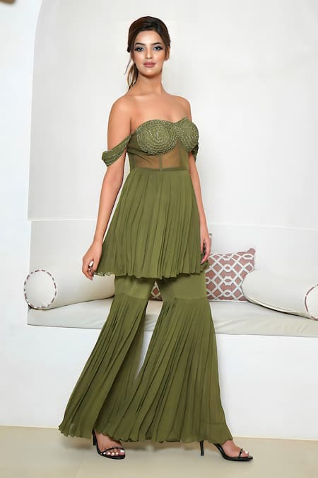 Buy_Vedika Soni_Green Net, Crepe, Georgette, Hand Embroidered Corset Peplum Kurta With Sharara _Online_at_Aza_Fashions