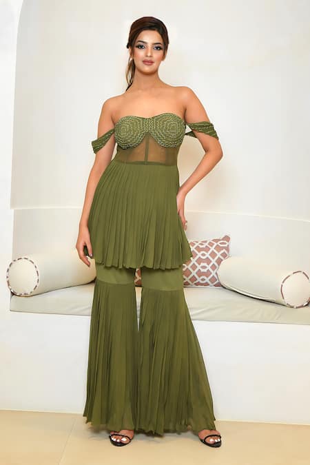 Shop_Vedika Soni_Green Net, Crepe, Georgette, Hand Embroidered Corset Peplum Kurta With Sharara _Online_at_Aza_Fashions