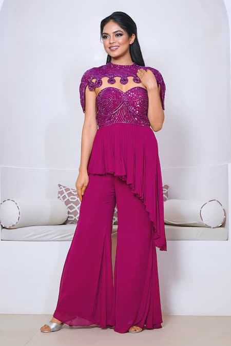 Vedika Soni Wine Georgette Hand Embroidered Cutdana Asymmetric Peplum Kurta Sharara Set 