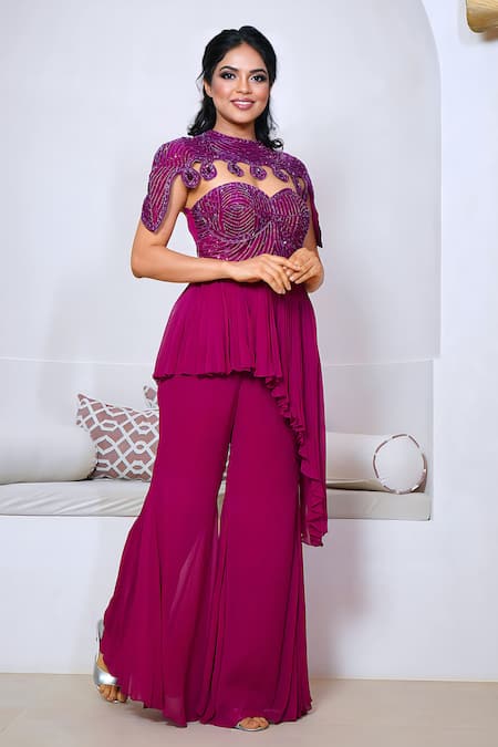 Buy_Vedika Soni_Wine Crepe, Georgette Cut Work, Hand Asymmetric Peplum Kurta Sharara Set _Online_at_Aza_Fashions