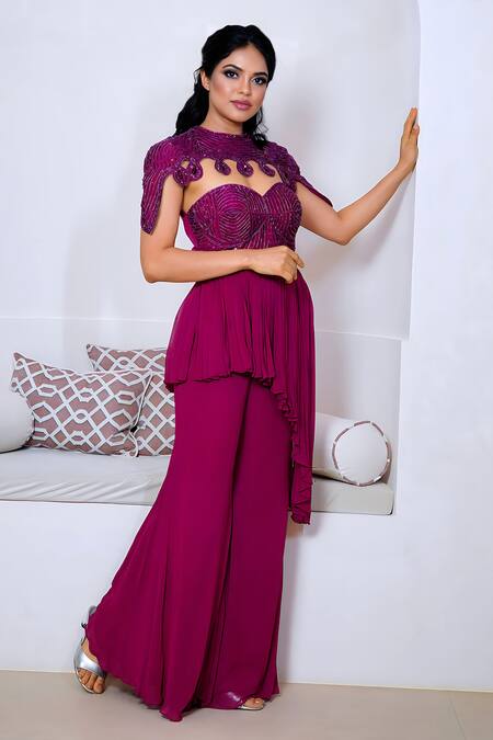Shop_Vedika Soni_Wine Crepe, Georgette Cut Work, Hand Asymmetric Peplum Kurta Sharara Set _Online_at_Aza_Fashions