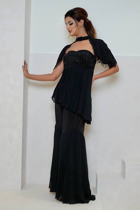 Vedika Soni Black Crepe, Cutdana Hand Embroidered Asymmetric Peplum Kurta Sharara Set at Aza Fashions Vedika Soni_Black Crepe, Cutdana Hand Embroidered Asymmetric Peplum Kurta Sharara Set _at_Aza_Fashions
