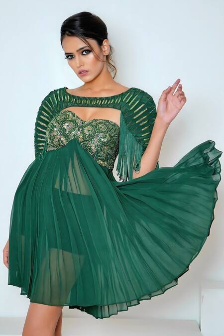 Vedika Soni_Emerald Green Georgette Hand Embroidered Cutdana Tube Pleated Dress With Cape _Online_at_Aza_Fashions