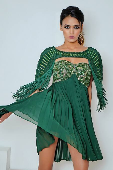Buy_Vedika Soni_Emerald Green Georgette Hand Embroidered Cutdana Tube Pleated Dress With Cape _Online_at_Aza_Fashions