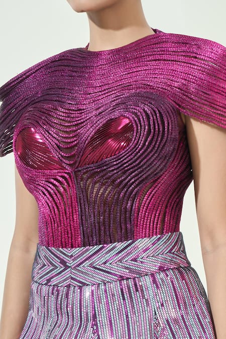 Buy_Amit Aggarwal_Purple Silk Metallic Thread, Sequins Skirt And Structured Bodysuit Set _Online_at_Aza_Fashions