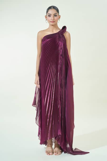 Amit Aggarwal_Purple Organza One Shoulder Pleated Structured Fluid Dress _Online_at_Aza_Fashions
