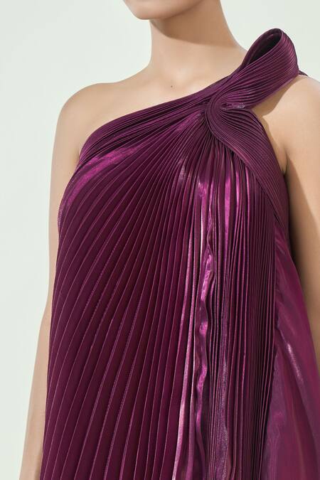 Buy_Amit Aggarwal_Purple Organza One Shoulder Pleated Structured Fluid Dress _Online_at_Aza_Fashions