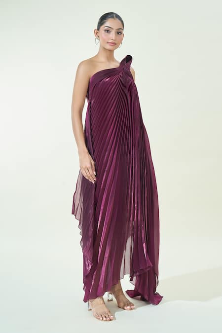 Shop_Amit Aggarwal_Purple Organza One Shoulder Pleated Structured Fluid Dress _Online_at_Aza_Fashions