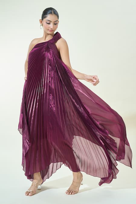 Amit Aggarwal_Purple Organza One Shoulder Pleated Structured Fluid Dress _at_Aza_Fashions