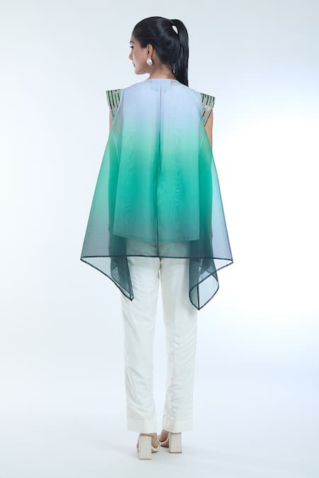 Shop Amit Aggarwal Emerald Green Crepe Chiffon Embellished Metallic Round Ombre Top at Aza Fashions Shop_Amit Aggarwal_Emerald Green Crepe Chiffon Embellished Metallic Round Ombre Top_at_Aza_Fashions