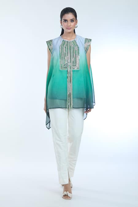 Amit Aggarwal Emerald Green Crepe Chiffon Embellished Metallic Round Ombre Top Online at Aza Fashions Amit Aggarwal_Emerald Green Crepe Chiffon Embellished Metallic Round Ombre Top_Online_at_Aza_Fashions