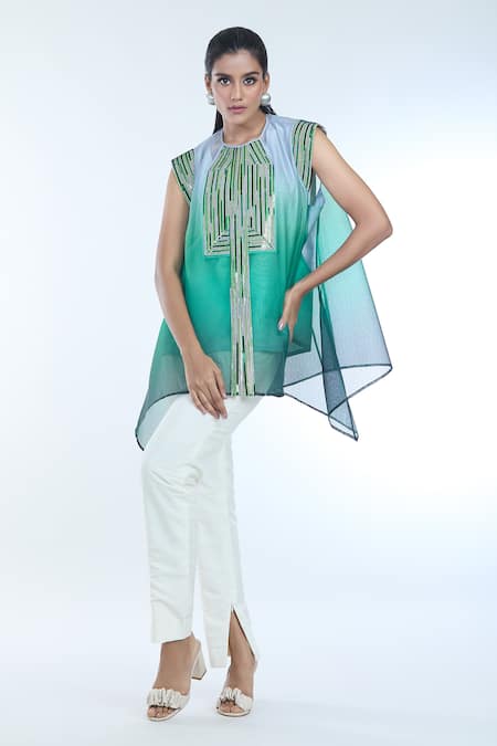 Buy Amit Aggarwal Emerald Green Crepe Chiffon Embellished Metallic Round Ombre Top Online at Aza Fashions Buy_Amit Aggarwal_Emerald Green Crepe Chiffon Embellished Metallic Round Ombre Top_Online_at_Aza_Fashions