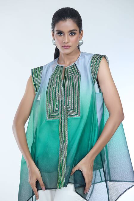 Shop Amit Aggarwal Emerald Green Crepe Chiffon Embellished Metallic Round Ombre Top Online at Aza Fashions Shop_Amit Aggarwal_Emerald Green Crepe Chiffon Embellished Metallic Round Ombre Top_Online_at_Aza_Fashions