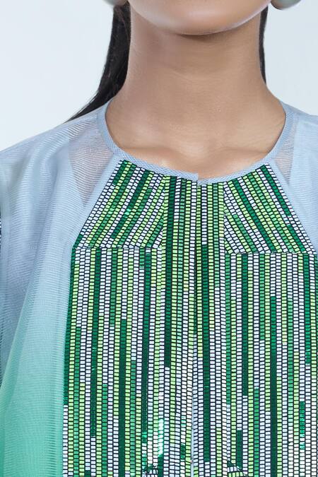 Amit Aggarwal Emerald Green Crepe Chiffon Embellished Metallic Round Ombre Top at Aza Fashions Amit Aggarwal_Emerald Green Crepe Chiffon Embellished Metallic Round Ombre Top_at_Aza_Fashions