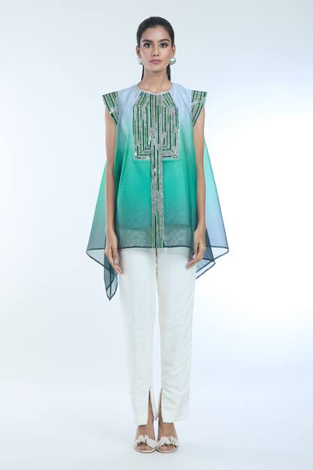 Buy Amit Aggarwal Emerald Green Crepe Chiffon Embellished Metallic Round Ombre Top Buy_Amit Aggarwal_Emerald Green Crepe Chiffon Embellished Metallic Round Ombre Top