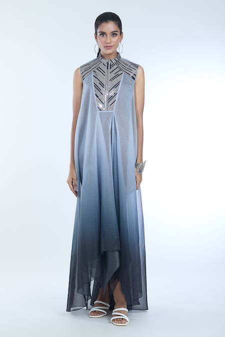 Amit Aggarwal Grey Crepe, Chiffon, Polyester Embroidery, Embellished Handkerchief Dress Online at Aza Fashions Amit Aggarwal_Grey Crepe, Chiffon, Polyester Embroidery, Embellished Handkerchief Dress _Online_at_Aza_Fashions