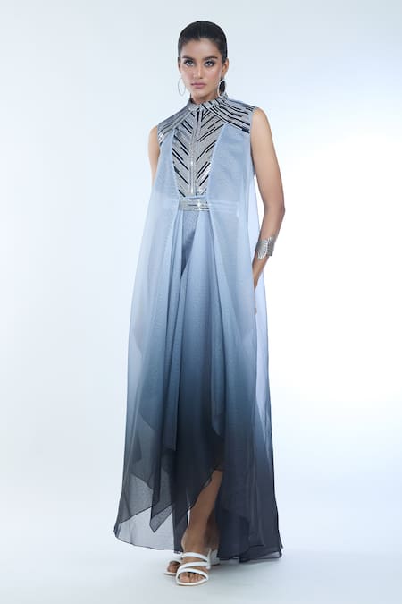 Shop Amit Aggarwal Grey Crepe, Chiffon, Polyester Embroidery, Embellished Handkerchief Dress Online at Aza Fashions Shop_Amit Aggarwal_Grey Crepe, Chiffon, Polyester Embroidery, Embellished Handkerchief Dress _Online_at_Aza_Fashions