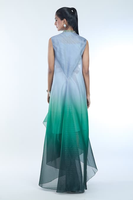 Shop Amit Aggarwal Grey Crepe, Chiffon Metallic Thread Collared Embellished Draped Ombre Dress at Aza Fashions Shop_Amit Aggarwal_Grey Crepe, Chiffon Metallic Thread Collared Embellished Draped Ombre Dress _at_Aza_Fashions