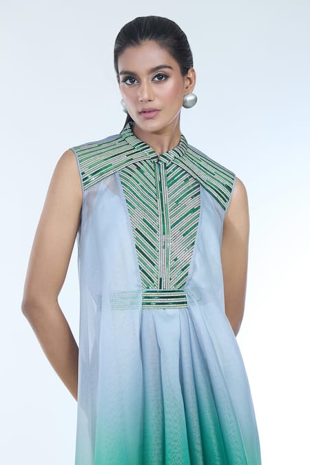 Amit Aggarwal Grey Crepe, Chiffon Metallic Thread Collared Embellished Draped Ombre Dress Online at Aza Fashions Amit Aggarwal_Grey Crepe, Chiffon Metallic Thread Collared Embellished Draped Ombre Dress _Online_at_Aza_Fashions