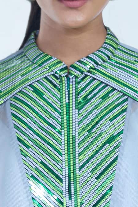 Buy Amit Aggarwal Grey Crepe, Chiffon Metallic Thread Collared Embellished Draped Ombre Dress Online at Aza Fashions Buy_Amit Aggarwal_Grey Crepe, Chiffon Metallic Thread Collared Embellished Draped Ombre Dress _Online_at_Aza_Fashions