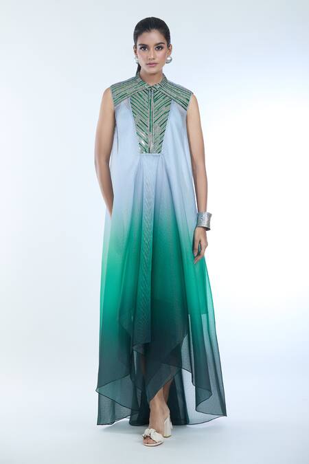 Shop Amit Aggarwal Grey Crepe, Chiffon Metallic Thread Collared Embellished Draped Ombre Dress Online at Aza Fashions Shop_Amit Aggarwal_Grey Crepe, Chiffon Metallic Thread Collared Embellished Draped Ombre Dress _Online_at_Aza_Fashions