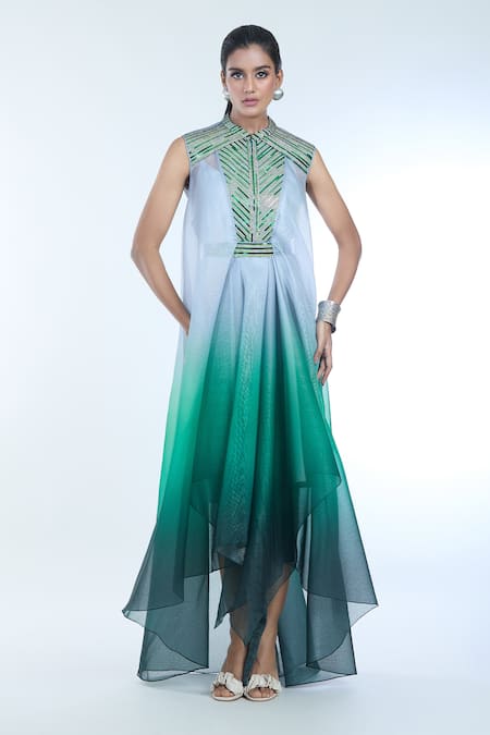 Amit Aggarwal Grey Crepe, Chiffon Metallic Thread Collared Embellished Draped Ombre Dress at Aza Fashions Amit Aggarwal_Grey Crepe, Chiffon Metallic Thread Collared Embellished Draped Ombre Dress _at_Aza_Fashions