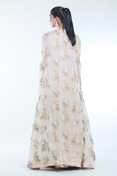 Shop Bhumika Sharma Beige Organza, Net Sequins, Beads, Sylvia Floral Print Cape Lehenga Set at Aza Fashions Shop_Bhumika Sharma_Beige Organza, Net Sequins, Beads, Sylvia Floral Print Cape Lehenga Set _at_Aza_Fashions