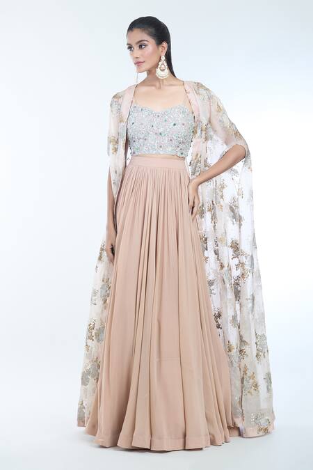 Buy Bhumika Sharma Beige Organza, Net Sequins, Beads, Sylvia Floral Print Cape Lehenga Set Online at Aza Fashions Buy_Bhumika Sharma_Beige Organza, Net Sequins, Beads, Sylvia Floral Print Cape Lehenga Set _Online_at_Aza_Fashions