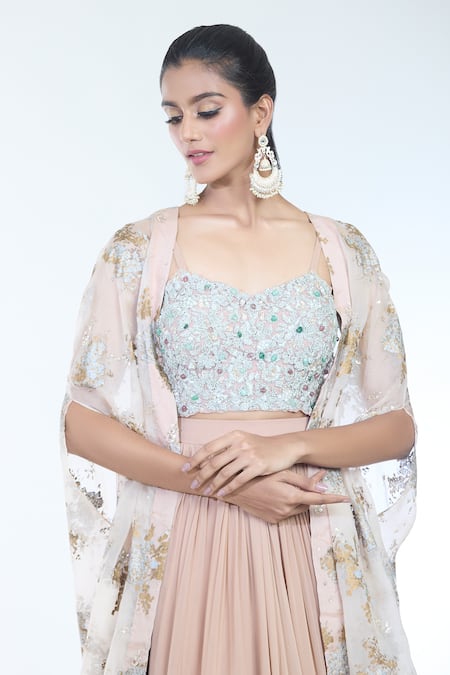 Shop Bhumika Sharma Beige Organza, Net Sequins, Beads, Sylvia Floral Print Cape Lehenga Set Online at Aza Fashions Shop_Bhumika Sharma_Beige Organza, Net Sequins, Beads, Sylvia Floral Print Cape Lehenga Set _Online_at_Aza_Fashions
