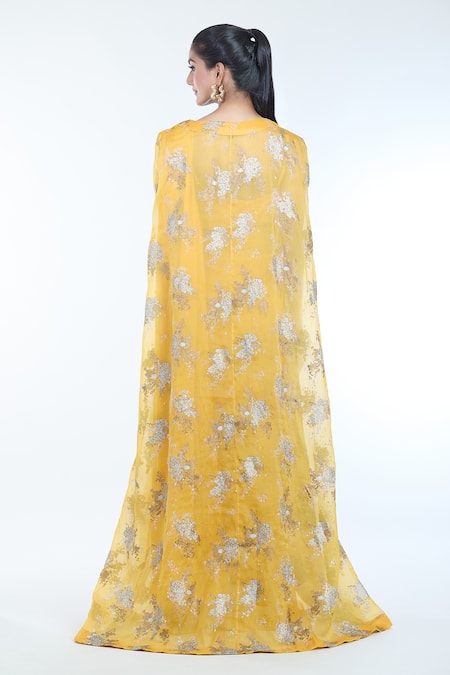 Shop Bhumika Sharma Yellow Net, Georgette Embroidery Sweetheart Sylvia Floral Print Cape And Saree Set at Aza Fashions Shop_Bhumika Sharma_Yellow Net, Georgette Embroidery Sweetheart Sylvia Floral Print Cape And Saree Set _at_Aza_Fashions