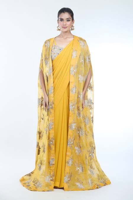 Bhumika Sharma Yellow Net, Georgette Embroidery Sweetheart Sylvia Floral Print Cape And Saree Set Online at Aza Fashions Bhumika Sharma_Yellow Net, Georgette Embroidery Sweetheart Sylvia Floral Print Cape And Saree Set _Online_at_Aza_Fashions