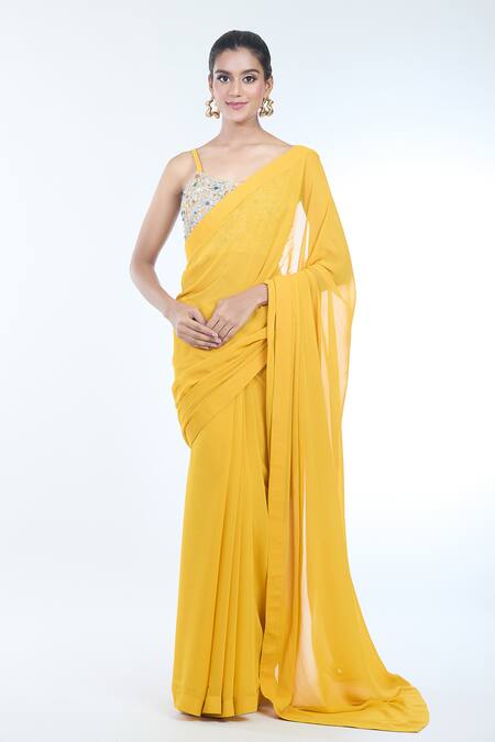 Shop Bhumika Sharma Yellow Net, Georgette Embroidery Sweetheart Sylvia Floral Print Cape And Saree Set Shop_Bhumika Sharma_Yellow Net, Georgette Embroidery Sweetheart Sylvia Floral Print Cape And Saree Set