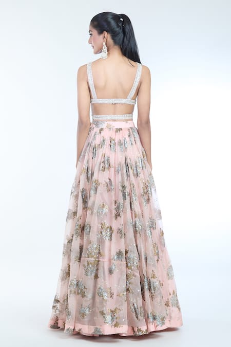 Shop Bhumika Sharma Pink Chiffon Embroidery V-neck Sylvia Floral Print Lehenga And Blouse Set at Aza Fashions Shop_Bhumika Sharma_Pink Chiffon Embroidery V-neck Sylvia Floral Print Lehenga And Blouse Set _at_Aza_Fashions