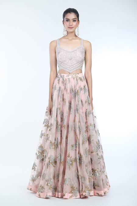 Bhumika Sharma Pink Chiffon Embroidery V-neck Sylvia Floral Print Lehenga And Blouse Set Online at Aza Fashions Bhumika Sharma_Pink Chiffon Embroidery V-neck Sylvia Floral Print Lehenga And Blouse Set _Online_at_Aza_Fashions